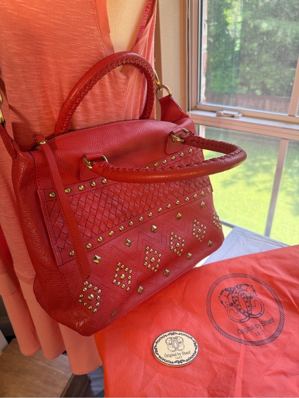 Original by Sharif 1927 Orange Studded Leather Satchel new w/o tags